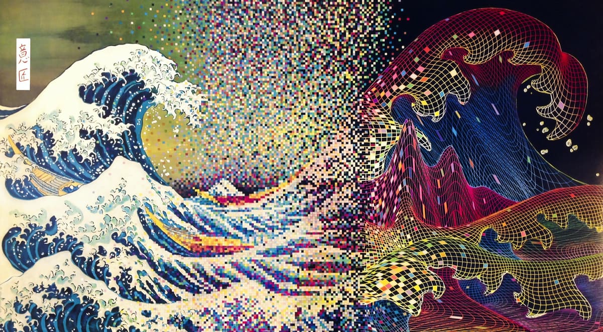 Kanagawa plate in three states, left to right: the painted wave, its RGB encoding, a neon wireframe.