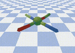 A PyBullet Ant robot with four coloured legs walking across a blue and white checkered floor.