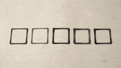 Five ink squares on warm paper, two of them covered by a darker block.