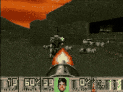 A PPO agent playing Doom: the view swings across a canyon while the HUD tracks health and ammunition.