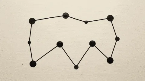 Eleven ink dots on warm paper joined by a tangled closed path, which untangles step by step into a short loop through every dot.