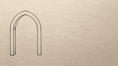An ink outline of an arch on the left of a warm paper sheet, with strokes moving toward a second arch.