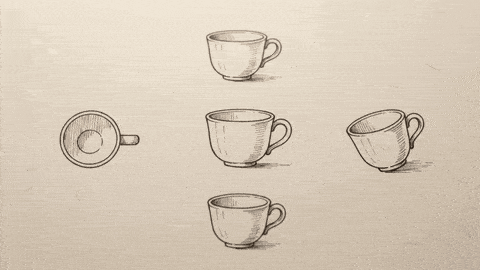 Four small ink sketches of a cup around one larger ink cup on warm paper.