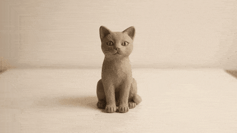 A small grey clay cat statue on a plain white surface, turning so another side comes into view.