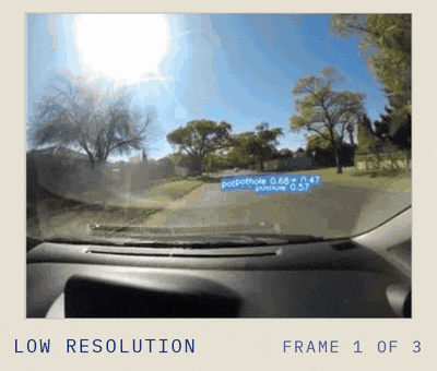 Three dashcam frames, each shown at low resolution and then after ESRGAN in the same place, with the detector’s boxes changing.