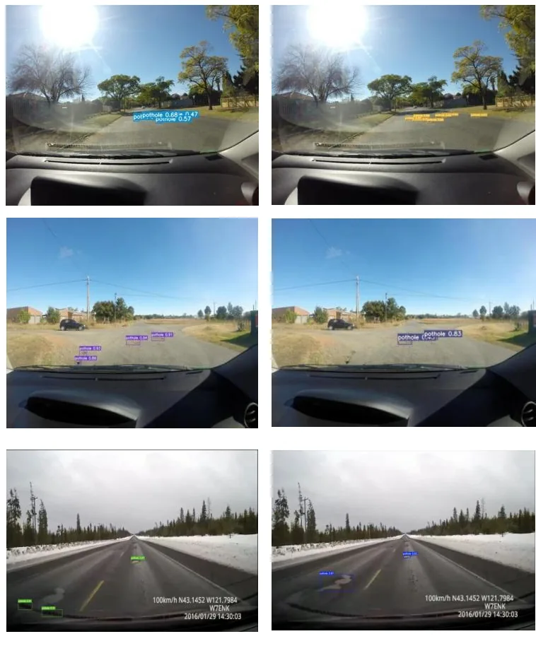 Three dashcam scenes, each shown low-resolution on the left and ESRGAN-upscaled on the right, with detector boxes.