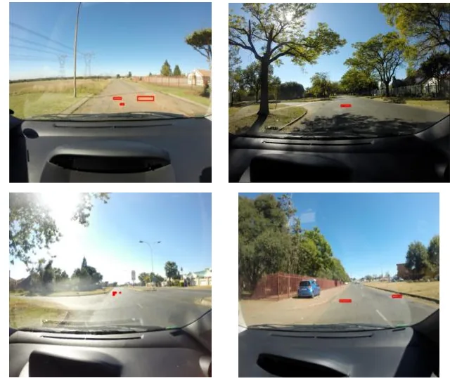Four PNW dashcam frames with red boxes drawn on labelled potholes, from the paper’s Figure 1.