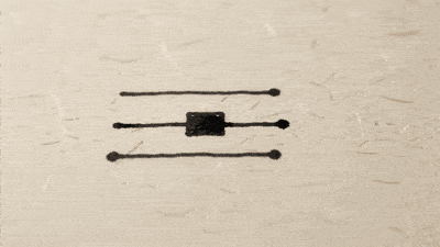 Three ink circuit lines on warm paper with a box on the middle line, and a grey wash that sweeps down across their ends.